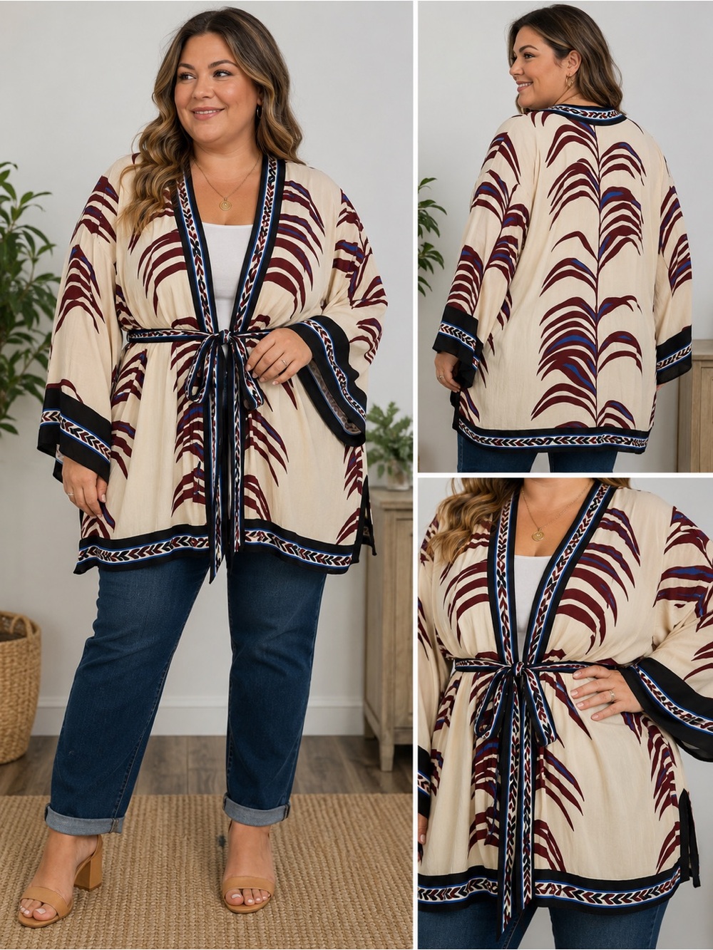 Bel Kazan for Anthropologie - Cream & Burgundy Printed Kimono with Belt